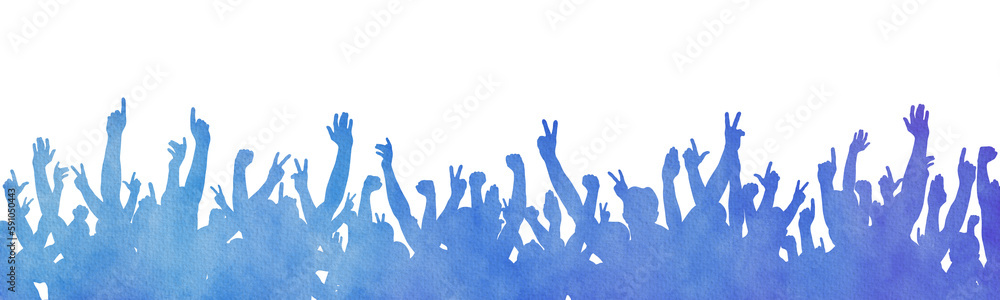 Obraz premium Watercolor silhouette of a crowd of people with their hands raised