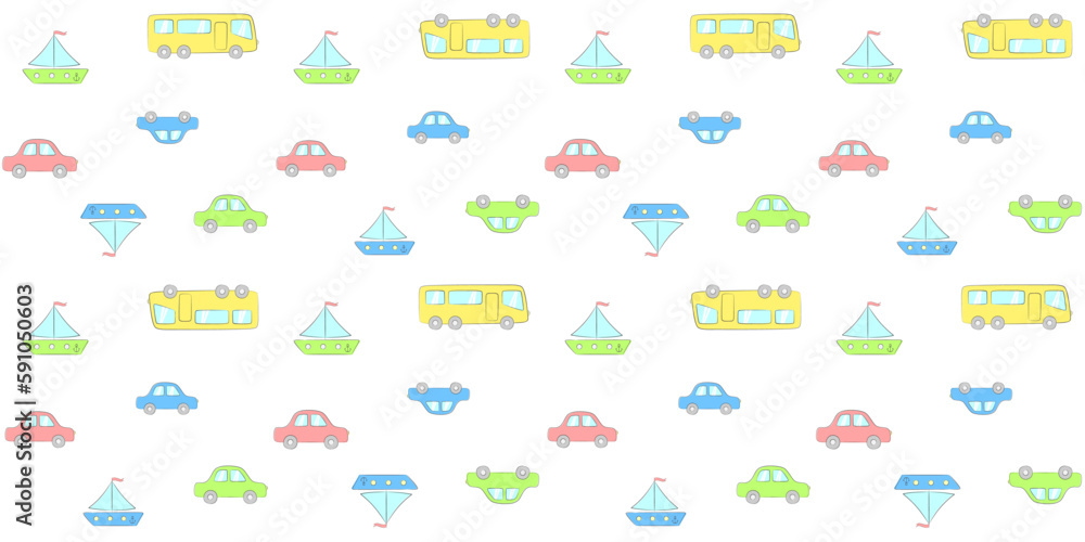 Colorful cars, bus and ship on a white background. Kids endless texture with toy transports. Vector seamless pattern for cover, wrapping paper, packaging, giftwrap, wrapper, surface texture and print Colorful cars, bus and ship on a white background. Kids endless texture with toy transports. Vector seamless pattern for cover, wrapping paper, packaging, giftwrap, wrapper, surface texture and print