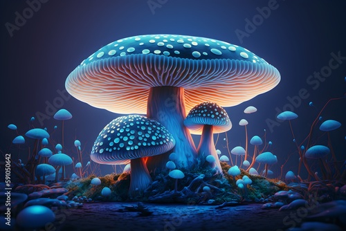 Beautiful Colorful Glowing Giant Mushroom. Created with Generative AI Technology