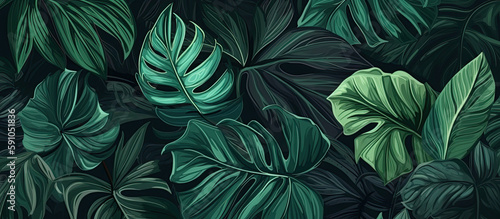 Background of dark green tropical leaves. Panoramic background. Generative AI illustration.