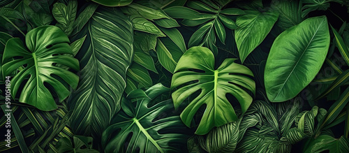 Background of various green tropical leaves. Panoramic background. Generative AI illustration.