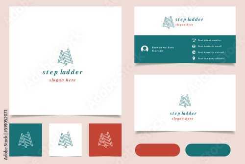 Stepladder logo design with editable slogan. Branding book and business card template.