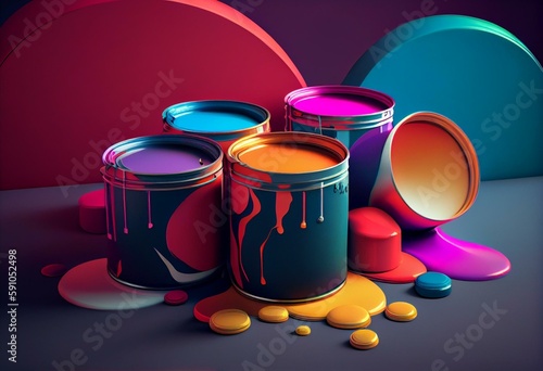 Colorful paint cans background, 3d illustration. Generative AI