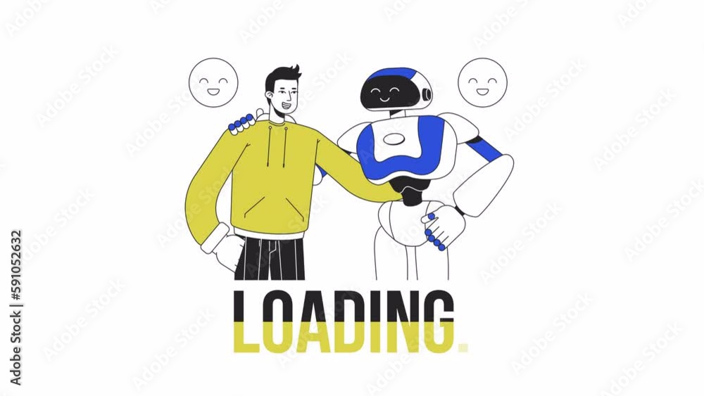 AI human collab loader animation. Working with robot together. Flash message 4K video footage. Isolated outline colour loading progress indicator with alpha channel transparency for UI, UX web design AI human collab loader animation. Working with robot together. Flash message 4K video footage. Isolated outline colour loading progress indicator with alpha channel transparency for UI, UX web design