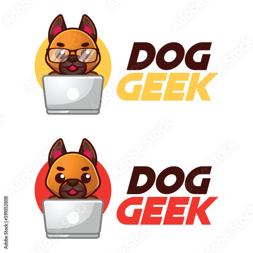 Modern vector flat design simple minimalist logo template of dog geek nerd smart mascot character vector collection for brand, emblem, label, badge. Isolated on white background.