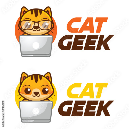 Modern vector flat design simple minimalist logo template of cat geek nerd smart mascot character vector collection for brand, emblem, label, badge. Isolated on white background.