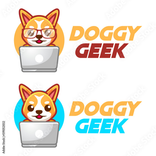 Modern vector flat design simple minimalist logo template of corgi dog geek nerd smart mascot character vector collection for brand, emblem, label, badge. Isolated on white background.