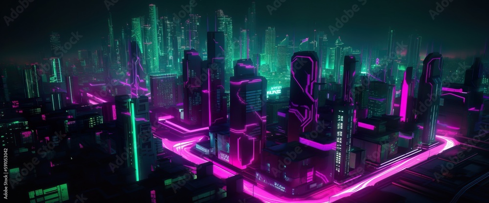 Cyberpunk neon city street at night. Futuristic city scene in a style of classic cyberpunk. 80's wallpaper. Retro future Generative AI illustration. Urban scene.