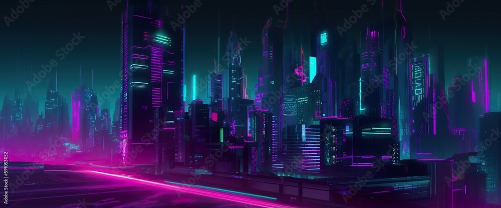 Cyberpunk neon city street at night. Futuristic city scene in a style of classic cyberpunk. 80's wallpaper. Retro future Generative AI illustration. Urban scene.