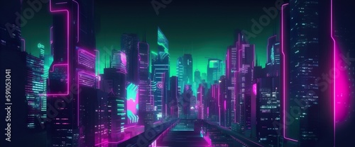Cyberpunk neon city street at night. Futuristic city scene in a style of classic cyberpunk. 80 s wallpaper. Retro future Generative AI illustration. Urban scene.