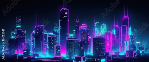 Cyberpunk neon city street at night. Futuristic city scene in a style of classic cyberpunk. 80's wallpaper. Retro future Generative AI illustration. Urban scene. © Valeriy