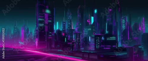 Cyberpunk neon city street at night. Futuristic city scene in a style of classic cyberpunk. 80 s wallpaper. Retro future Generative AI illustration. Urban scene.