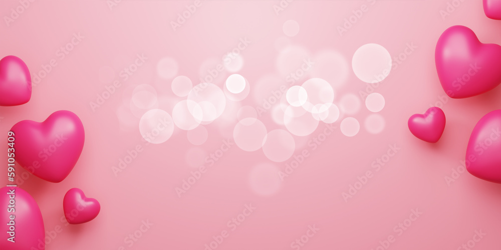3d Rendering. Design for Mother's Day and Valentine Day illustration. heart balloon and bokeh on pink background. With Copy space.