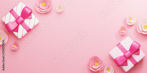 3d Rendering. Design for Mother's Day and Valentine Day illustration. Gift box and rose flower on pink background. With Copy space. © PW.Stocker