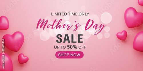 3d Rendering. Mother's Day Sale Banner illustration. heart balloon and bokeh on pink background.