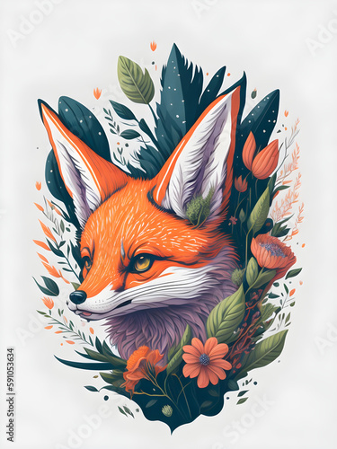 Fox with flower vector art, generative ai