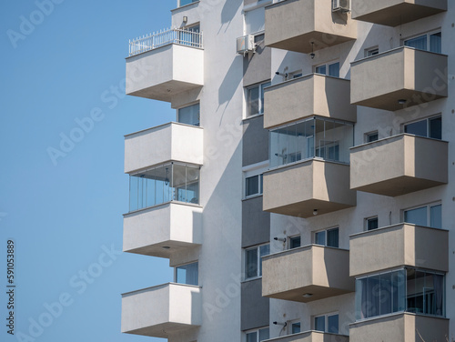 Close up detail with a new built apartment building in Bucharest, Romania