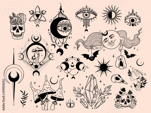 Mystical celestial clipart bundle, Mysticism and esoteric objects, Flower moon, dream catcher, mushrooms, skull and crystal spiritual isolated vector elements