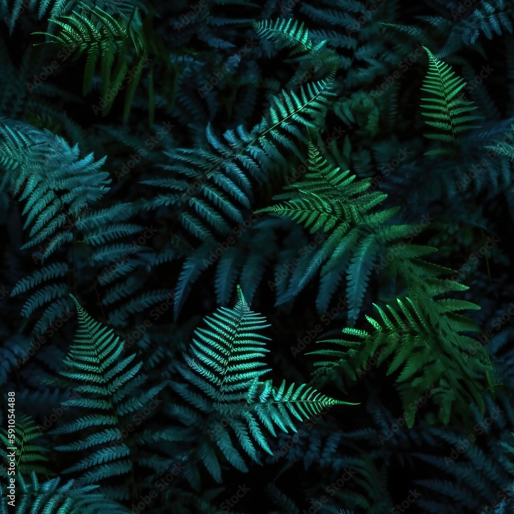 Illustration, nahtlose, grüne und dunkelblaue Farn Tapeten Textur, Dschungelhintergrund, Generative AI