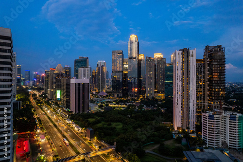 aerial photos of Sudirman street and Jakarta Skyline in the golden hour. 