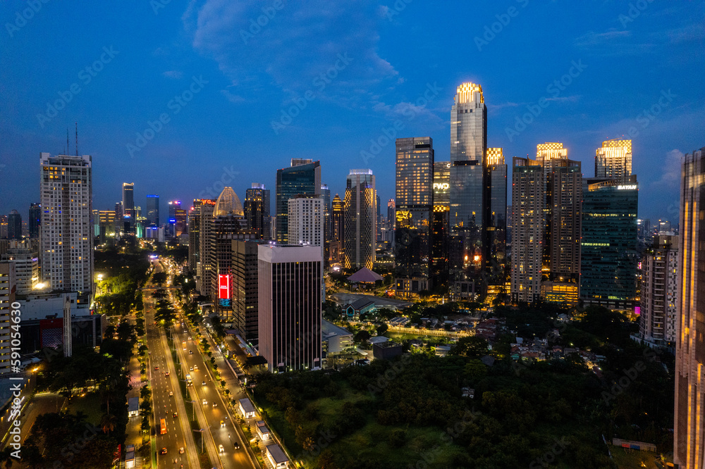 aerial photos of Sudirman street and Jakarta Skyline in the golden hour. 