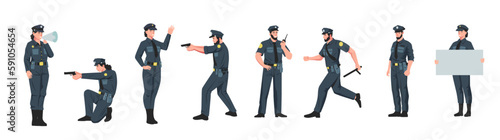 Policeman and policewoman. Male and female police officers in different poses, cartoon cop characters working at enforcement job. Vector flat set photo