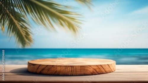 bokeh background, Empty wooden table in front of blue sky, summer sea with palm leaf blurred bokeh background Abstract seascape with palm tree, tropical beach, light of sea and sky beach background.