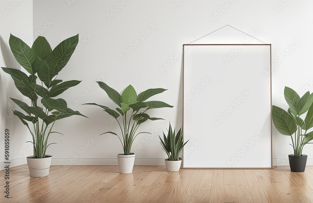 Blank poster mockup on wooden floor with plants Generative AI Blank poster mockup on wooden floor with plants Generative AI