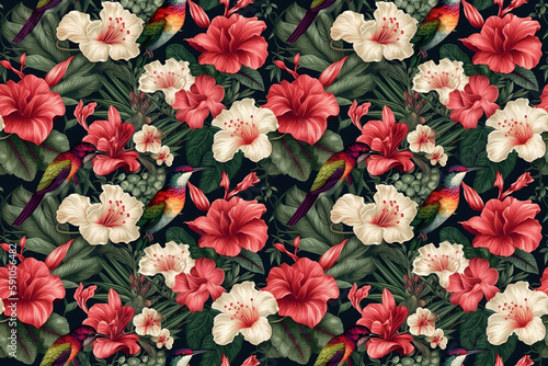 Seamless Hummingbird background pattern and blooming hibiscus. Generative AI illustration.