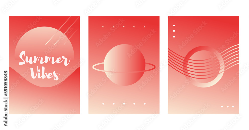 A set of abstract summer backgrounds in a trendy style with a gradient. Lines and circles in red and light shades	
