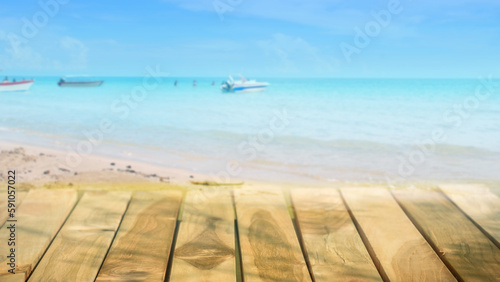 Wooden board on table with shadows  display podium for product mockups 3d trade show display advertising  Nature blurred sea and  background