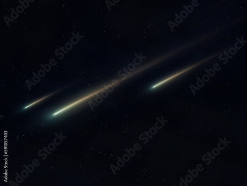 Bright meteor trails. Three shooting stars at night. Glowing meteorites in the sky.