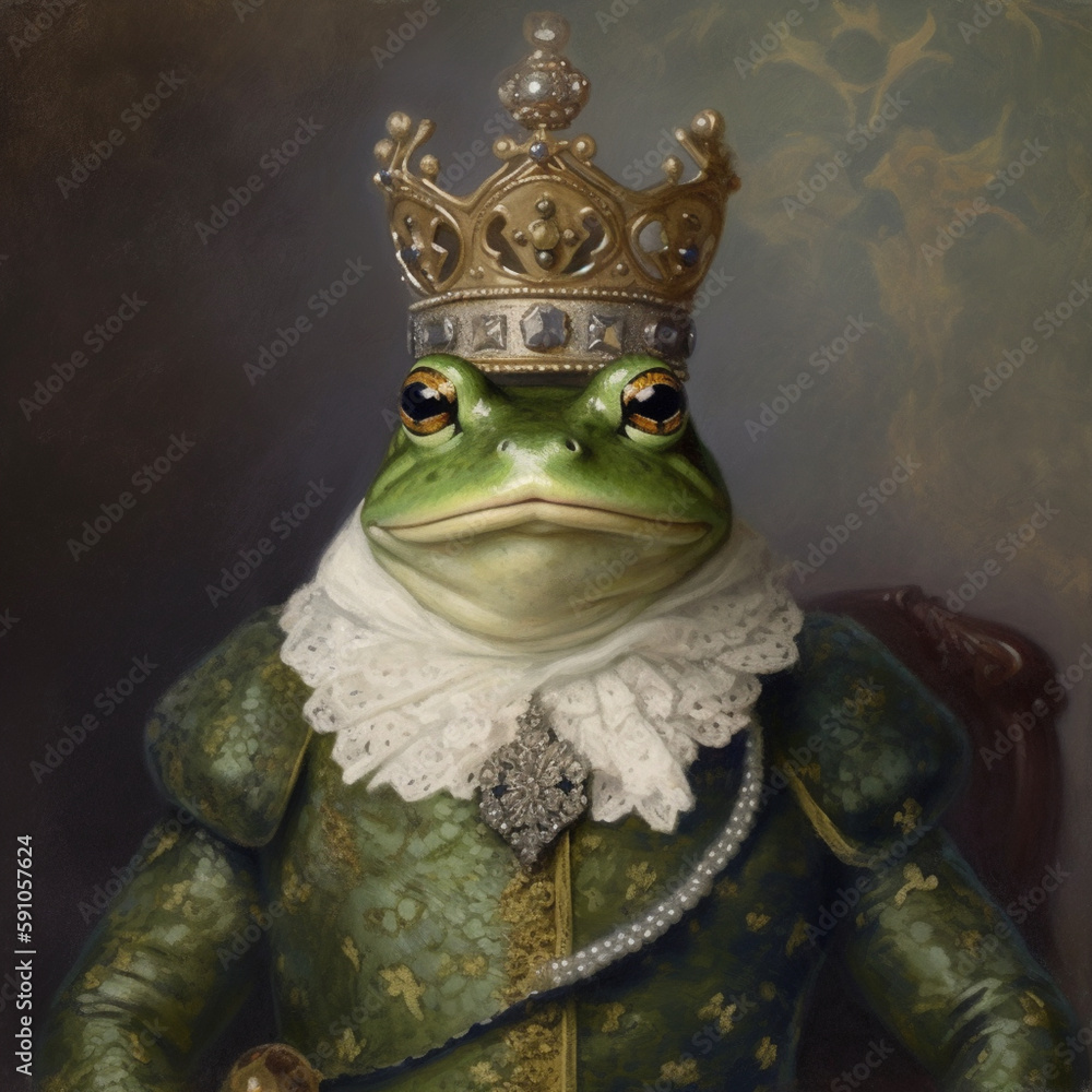 Royal Portrait of a Frog King AI Generative Stock Illustration