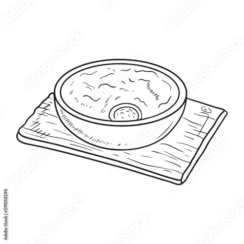 National ukrainian dish meal in hand made ceramic bowl on wooden cutting board isolated on white background. Hand drawn vector sketch illustration in doodle vintage engraved style. Tasty, delicious.