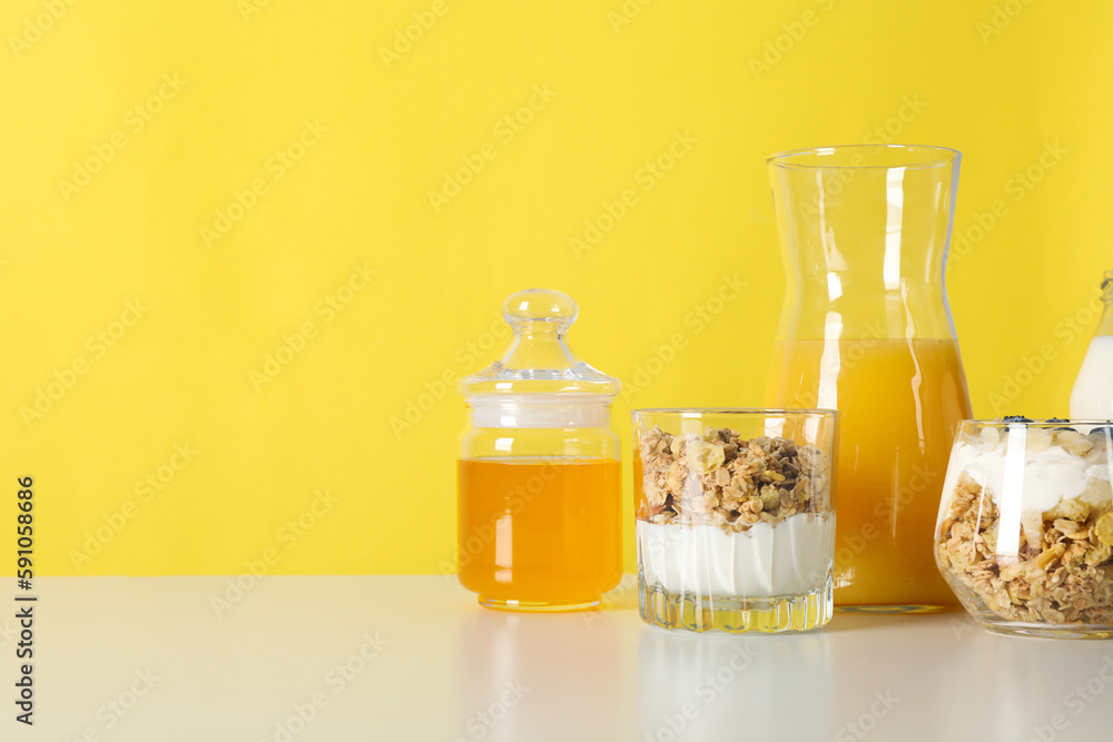 Tasty and nutritious breakfast concept - muesli with yogurt Tasty and nutritious breakfast concept - muesli with yogurt