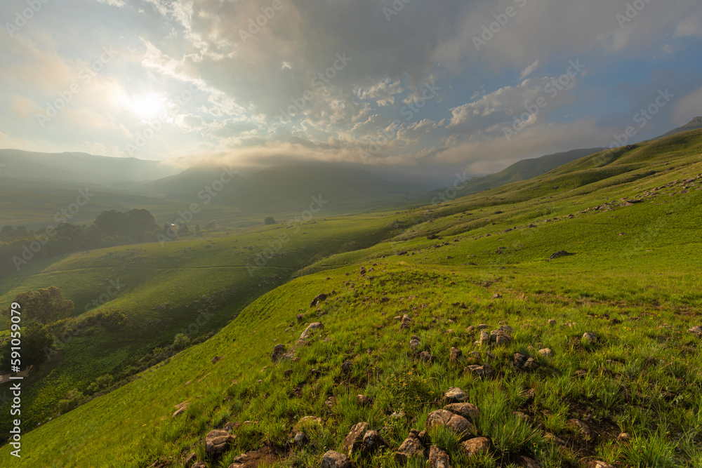 Fototapeta premium Low clouds and mist on the green mountain