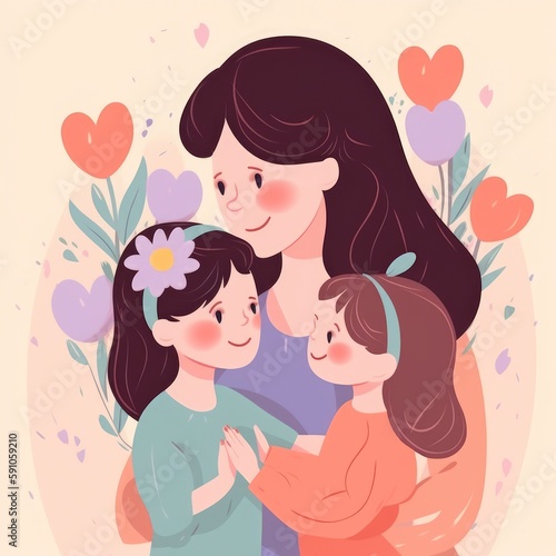 A mother and her baby are hugging each other. Flat Illustration. Children's Book. Happy Mothers Day Generative AI
