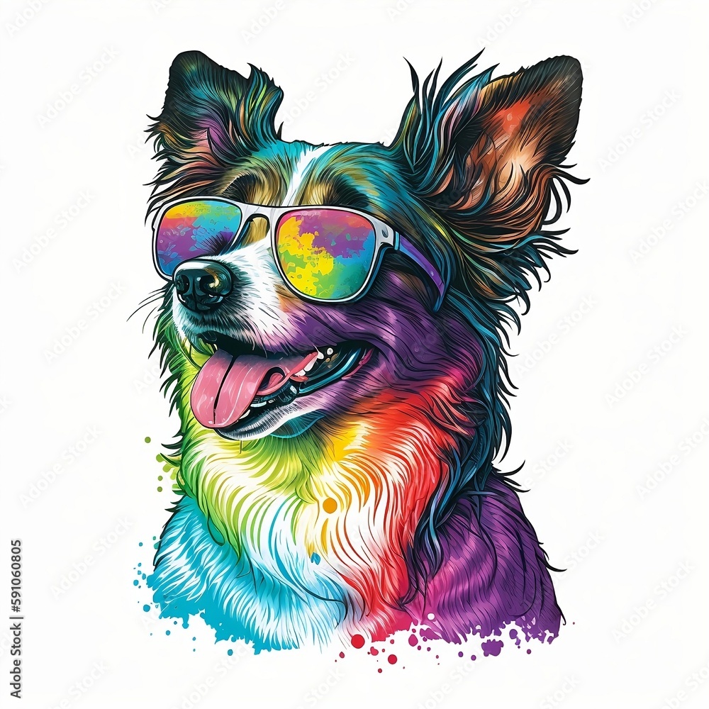 A colorful happy dog with rainbow colored sunglasses isolated on white background. T-shirt design. Generate AI