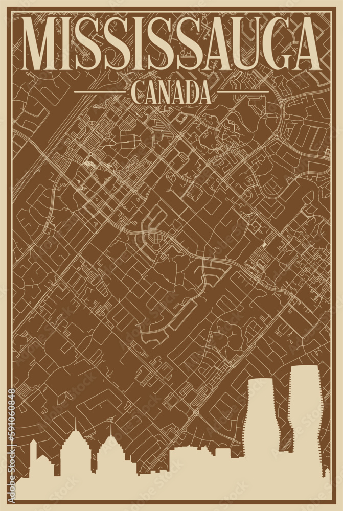 Colorful hand-drawn framed poster of the downtown MISSISSAUGA, CANADA with highlighted vintage city skyline and lettering Colorful hand-drawn framed poster of the downtown MISSISSAUGA, CANADA with highlighted vintage city skyline and lettering