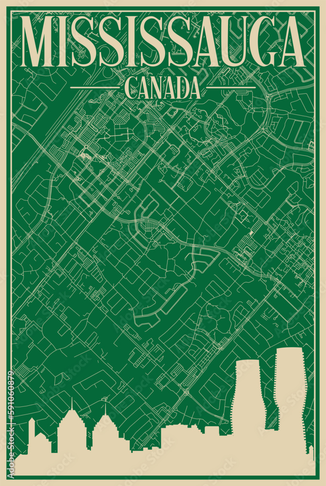 Colorful hand-drawn framed poster of the downtown MISSISSAUGA, CANADA with highlighted vintage city skyline and lettering Colorful hand-drawn framed poster of the downtown MISSISSAUGA, CANADA with highlighted vintage city skyline and lettering