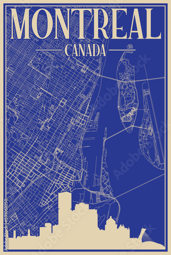 Colorful hand-drawn framed poster of the downtown MONTREAL, CANADA with highlighted vintage city skyline and lettering