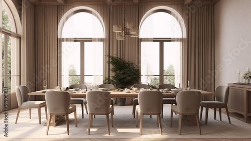 Timeless Elegance  Dining Room with Table  Upholstered Chairs  and Chandelier  Generative AI