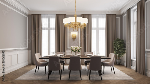 Timeless Elegance: Dining Room with Table, Upholstered Chairs, and Chandelier, Generative AI