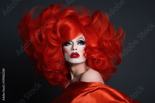Portrait of drag queen wearing a red wig. AI photo