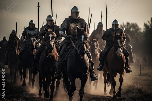 Historic medieval battle recreation with cinematic lighting, soldiers on horses, knights with shining armour in a dark ages destructive artwork. Crusaders in combat attacking the enemy, generative AI