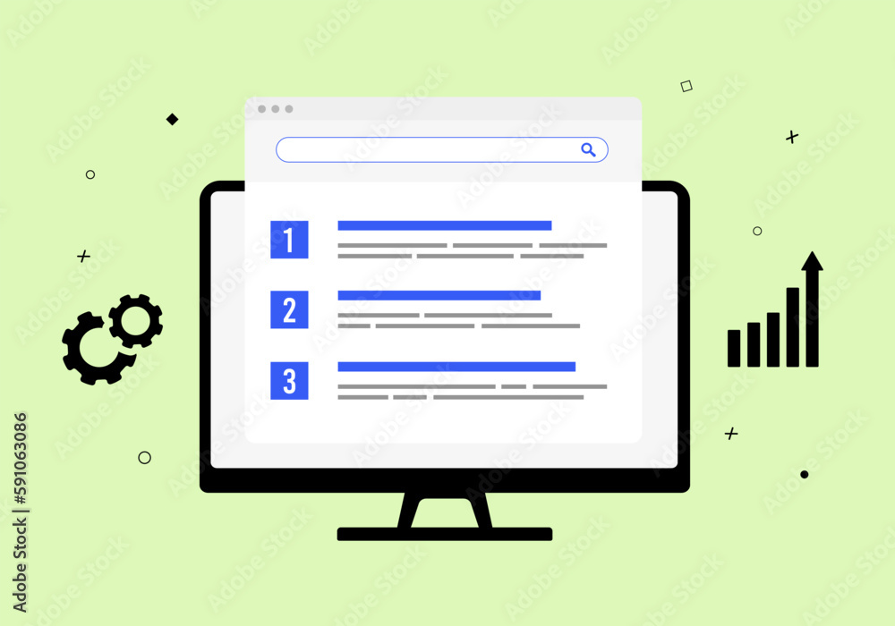 SEO Ranking concept. Search engine results page. Search Algorithm, Top ranking with high-quality content, targeted keywords, authoritative backlinks, and effective behavioral SEO strategies