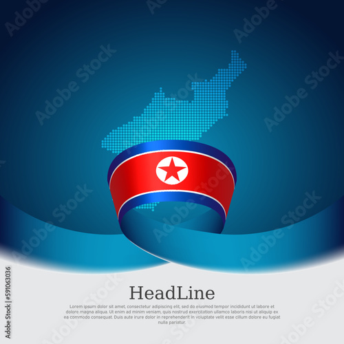 North korea flag and map on white background. Democratic People Republic of Korea flag. DPRK. Vector brochure design. Wavy ribbon with north korean banner. National poster. Patriotic banner, flyer