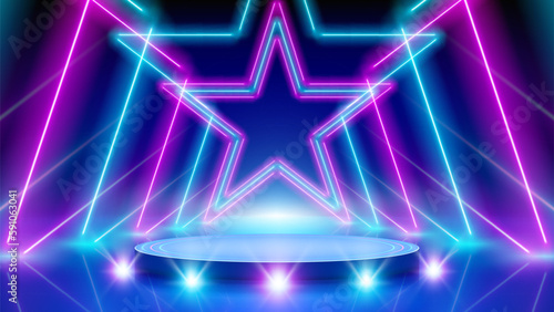 Neon stars  podium  stage light  led arcade. Background for awards ceremony. Pink blue purple glowing neon arch  lines  star. Backdrop for displaying products. Bright stage light. Vector illustration