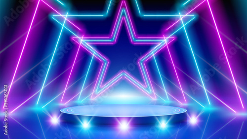 Neon stars, podium, stage light, led arcade. Background for awards ceremony. Pink blue purple glowing neon arch, lines, star. Backdrop for displaying products. Bright stage light. Vector illustration