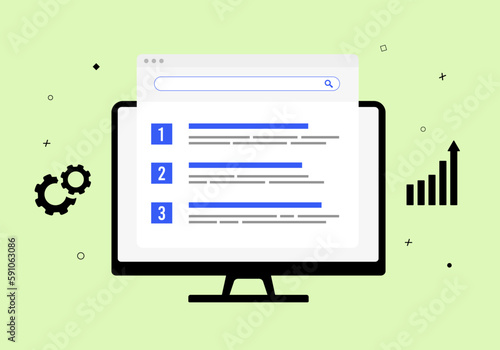 SEO Ranking concept. Search engine results page. Search Algorithm, Top ranking with high-quality content, targeted keywords, authoritative backlinks, and effective behavioral SEO strategies